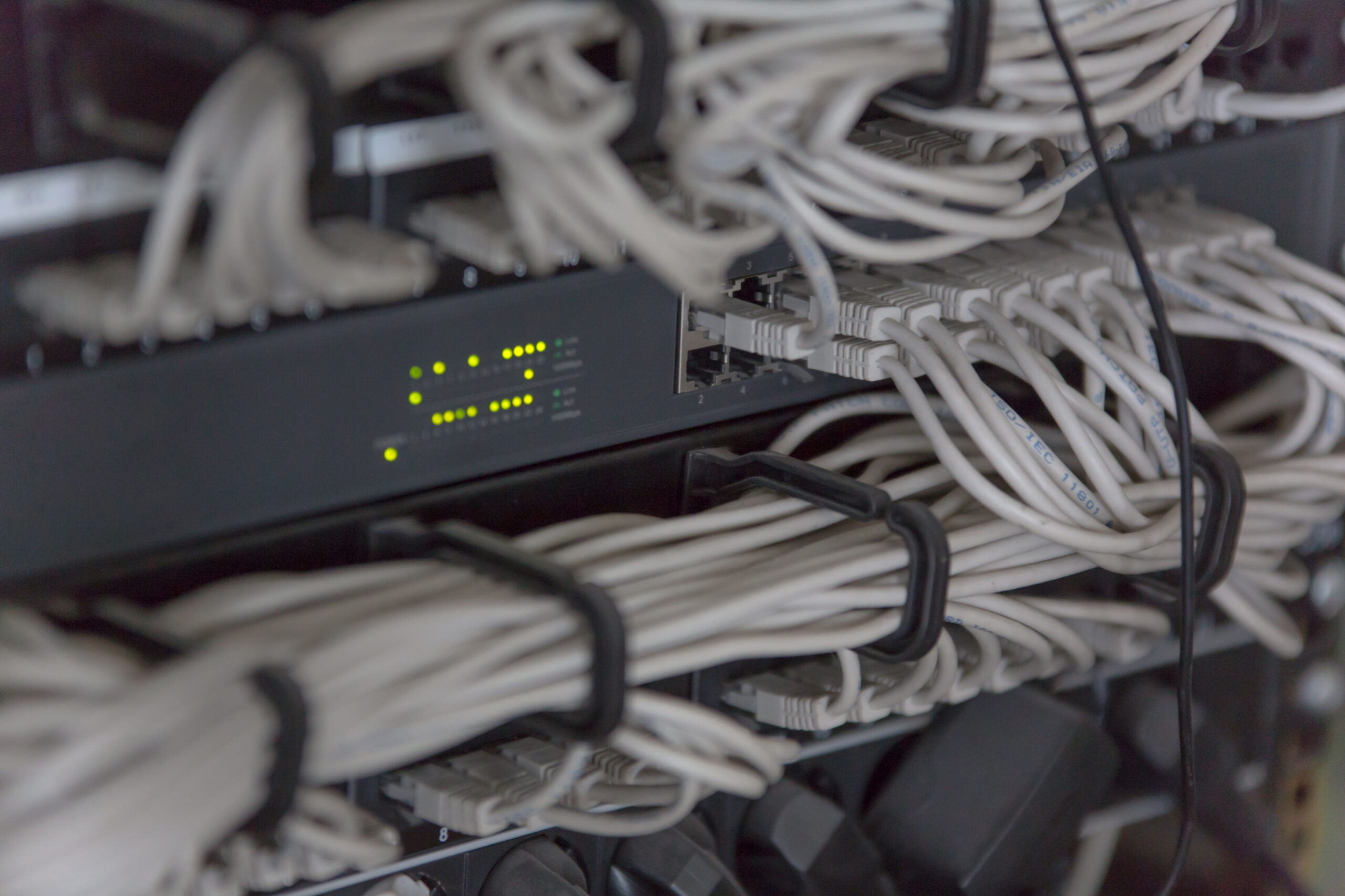 Rack Mounted Servers In A Server Room, close up