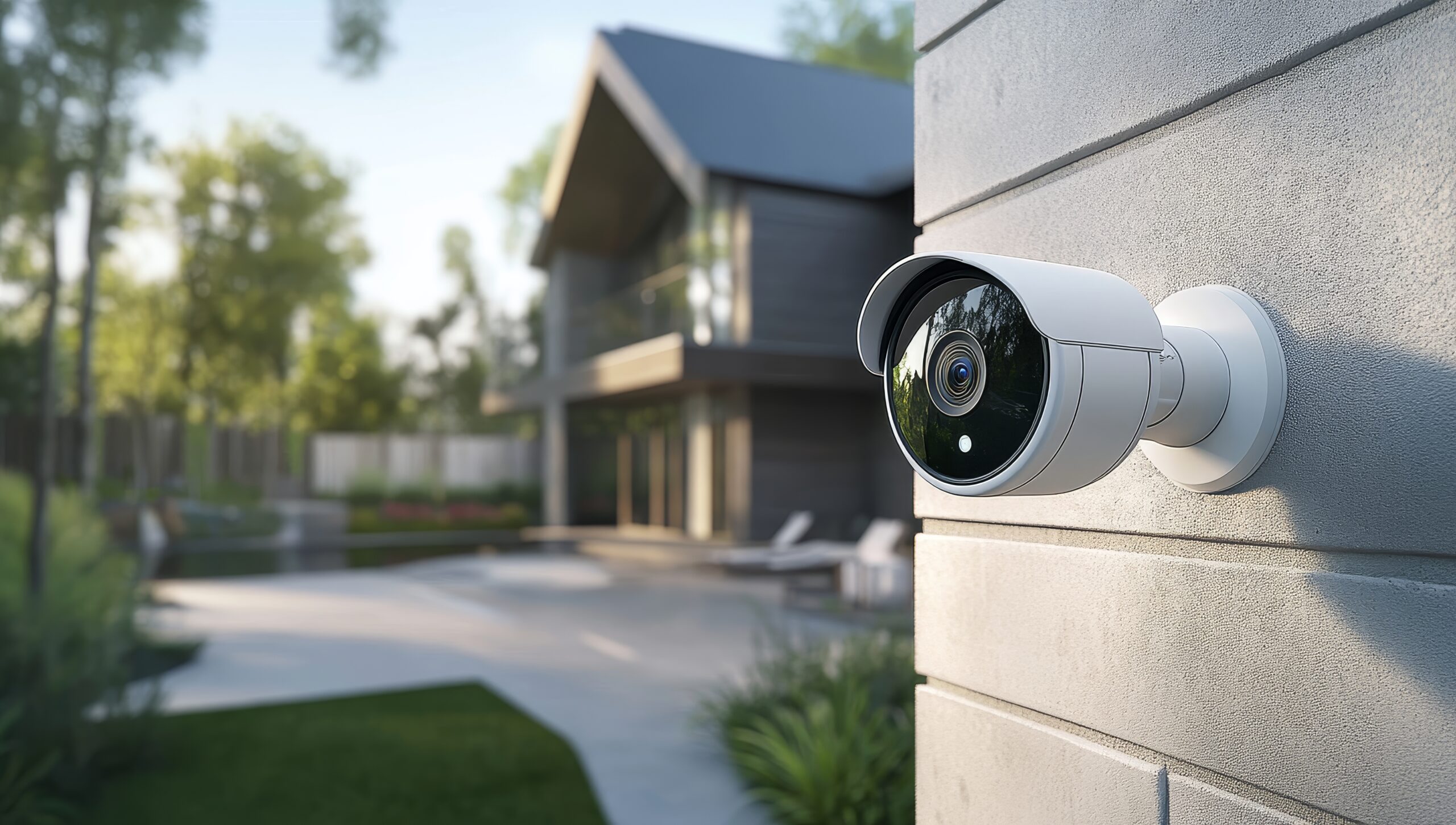 Modern security camera mounted on a gray brick wall with a blurred background of a house and green yard.
